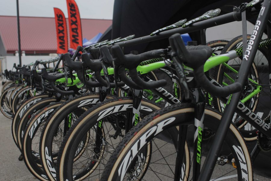 Identical bikes rest near Cannondale Bicycle Corporations tent with various tire setups at the Johnson County Fairgrounds before the Cyclocross World Cup on Saturday, September 24, 2016. There were ammeter, masters and junior races held throughout the day. (The Daily Iowan/Joseph Cress)
