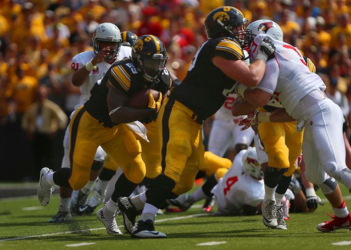 Iowa running back LeShun Daniels, Jr. runs with the ball during the Iowa-Illinois State game in Kinnick on Saturday, Sept. 5, 2015. The Hawkeyes defeated the Redbirds, 31-14. (The Daily Iowan/Margaret Kispert)