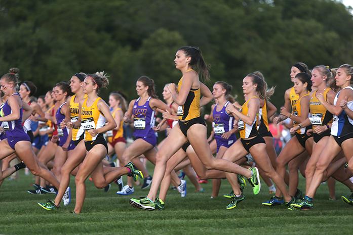 The women runners start the 3k Hawkeye Earlybird Invitational at Ashton Cross Country on Friday, Sept. 2, 2016. Iowa's Tess Wiberding finished first with a time of 10:20.4 to help the team take first. (The Daily Iowan/Margaret Kispert)