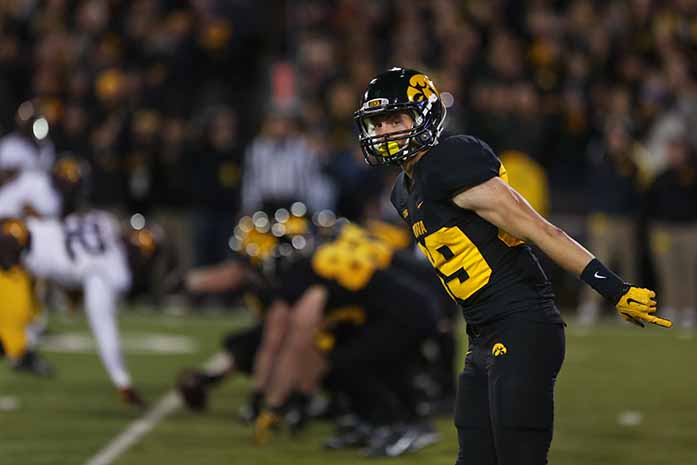 Iowa wide receiver Matt VandeBerg looks for the call in Kinnick Stadium on Saturday, Nov. 14, 2015. The Hawkeyes defeated the Golden Gophers, 40-35 to stay perfect on the season. (The Daily Iowan/Rachael Westergard)