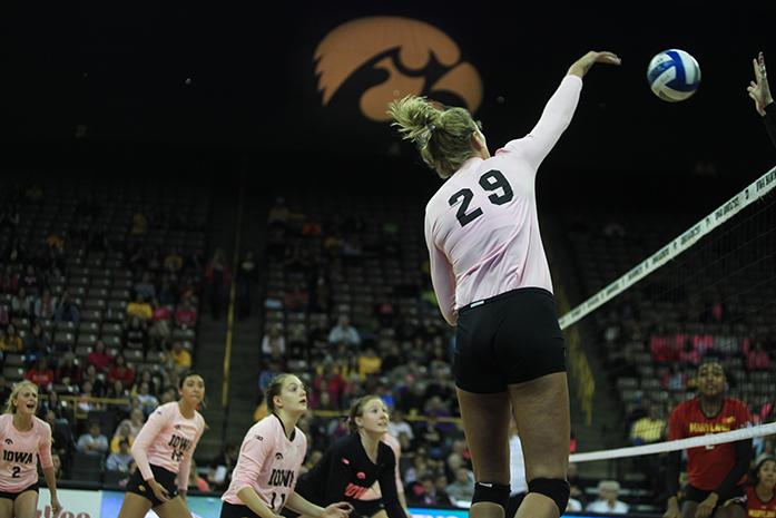 Iowa middle blocker Jess Janota hits the ball at Carver-Hawkeye Arena on Friday, Oct. 30, 2015. Iowa fell to Maryland, 3-1. (The Daily Iowan/Rachael Westergard)