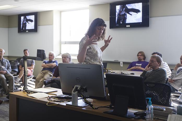 Dr. Jennifer Wiseman hosting a lecture on Tuesday, Sep. 27, 2016. Dr. Wiseman spoke about discoveries on galaxies, stars, and planets; specifically the recent advances of the Hubble Space Telescope. (The Daily Iowan/Olivia Sun)