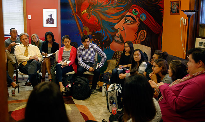 UI students, staff and administration gather at the Latino Native American Culture Center to hold a community conversation with UI President Bruce Harreld on October 6,2016. Students and staff discuss various issues they face on campus as members of cultural organizations as well as individuals. (The Daily Iowan/Simone Banks-Mackey)