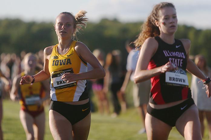 Iowa's Kelly Breen runs towards the finish line during the women's 3k Hawkeye Earlybird Invitational at Ashton Cross Country on Friday, Sept. 2, 2016. Iowa's Tess Wiberding finished first with a time of 10:20.4 to help the team take first. (The Daily Iowan/Margaret Kispert)