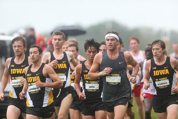 A pack of Iowa runners take the lead at Ashton Cross Country Course on October 1, 2016. Men Iowa runners placed first in their race against Western Illinois and South Dakota. (The Daily Iowan/Karley Finkel)
