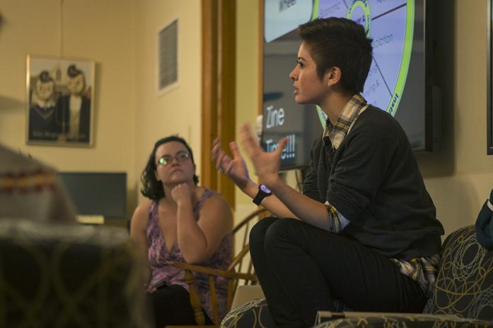 Students discuss relationships at WRAC's queer relationships workshop on Thursday, Oct. 27, 2016. Topics included patterns of unhealthy behavior, boundary setting, and components of a healthy relationship. WRAC, or Women's Resource and Action Center, works to create greater equity for individuals and communities of all identities. (The Daily Iowan/Olivia Sun)