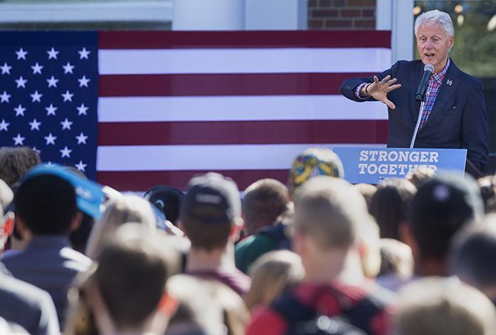 Former President Bill Clinton gestures while speaking at Cornell College in Mount Vernon on Thursday, October 13, 2016. Clinton was campaigning across Iowa in a four city bus tour encouraging voters to vote early for his wife and Democratic presidential candidate Hillary Clinton. (The Daily Iowan/Joseph Cress)