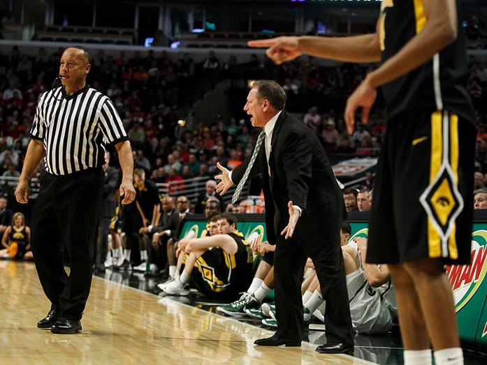 Michigan State head coach Tom Izzo disputes a call in the game against Iowa at the United Center on Friday, March 15, 2013 in Chicago, Illinois. Michigan State defeated Iowa 59-56 in the 2nd round of the Big Ten Tournament. (The Daily Iowan/Adam Wesley)