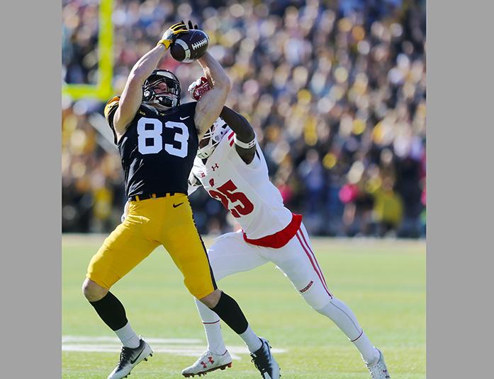 Iowa receiver Riley McCarron catches a pass during the Iowa v. Wisconsin game at Kinnick Stadium on Saturday, October 22, 2016. The Badgers pulled away in the second half defeating the Hawkeyes 17-9. (The Daily Iowan/ Alex Kroeze)
