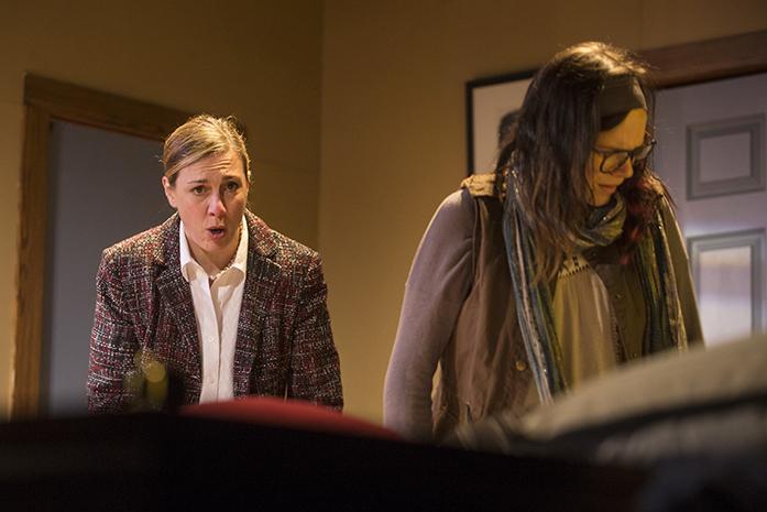 Kristy Hartsgrove Mooers's Patricia, a conservative senatorial aide, and Cara Clonch Viner's Bianca, a liberal left-wing blogger, interact during a play rehearsal in the Riverside Theater on Monday, October 24, 2016. The Taming will open Oct. 28-Nov.13 at the Riverside Theater. (The Daily Iowan/Joseph Cress)