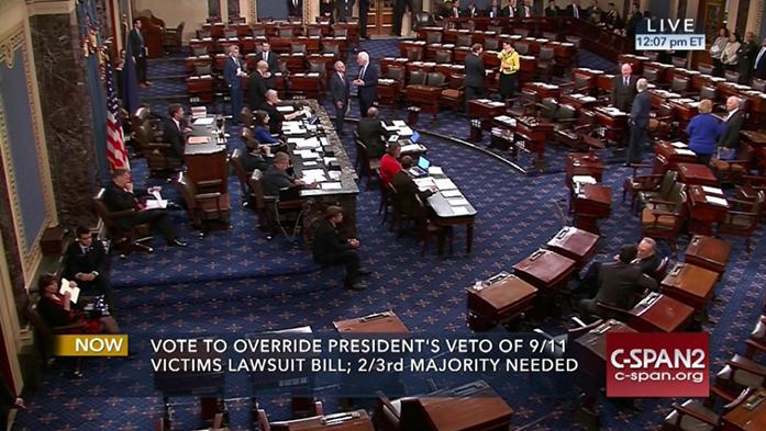 This frame grab from video provided by C-SPAN2, shows the floor of the Senate on Capitol Hill in Washington, Wednesday, Sept. 28, 2016, as the Senate acted decisively to override President Barack Obamas veto of Sept. 11 legislation, setting the stage for the contentious bill to become law despite flaws that Obama and top Pentagon officials warn could put U.S. troops and interests at risk. (C-SPAN2 via AP)