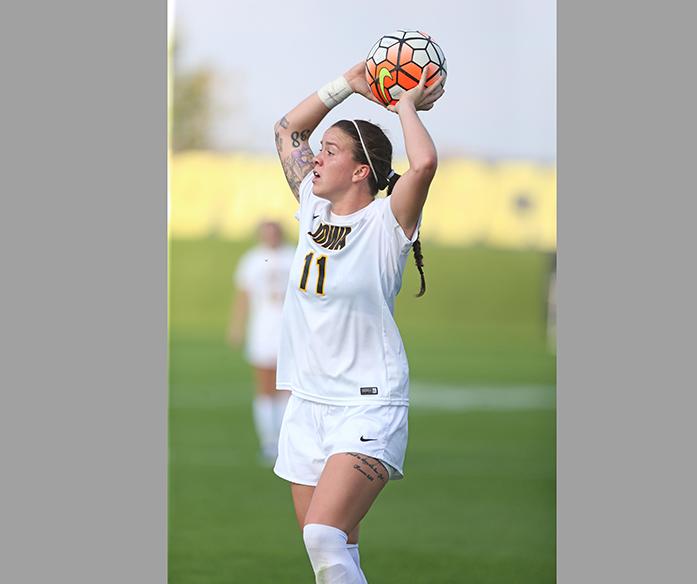 Iowa forward Bri Toelle throws the ball inbounds during the Iowa v. Illinois match at the Iowa Soccer Complex on Sunday, October 16, 2016. The Illini defeated the Hawkeyes in a close 2-1 match on senior day. (The Daily Iowan/ Alex Kroeze)