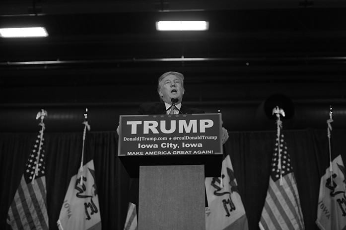 Republican presidential candidate Donald Trump speaks to a crowd gathered in the Field House on Tuesday, Jan. 26, 2016. . Trump made a stop in Iowa City to persuade people to caucus for him next week. (The Daily Iowan/Brooklynn Kascel)