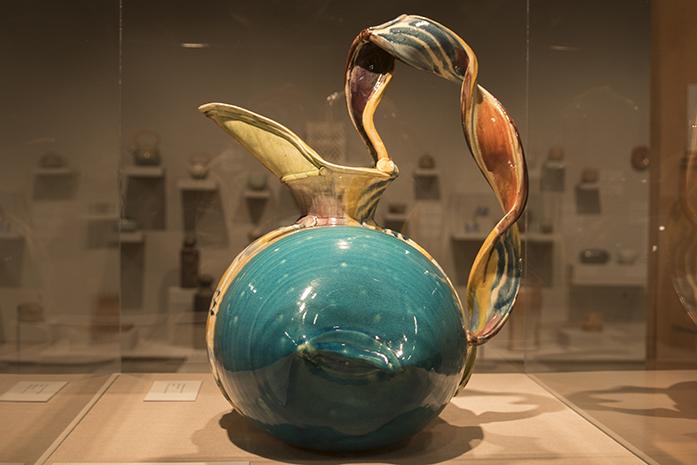 Betty Woodman's Pillow Pitcher, 1989, is on display at the Clay Revisited exhibit in the Black Box Theater on the third floor of the IMU. Clay Revisited is an exhibition of sculptures, paintings, ceramic pieces, and prints. (The Daily Iowan Sarah Shoemaker)