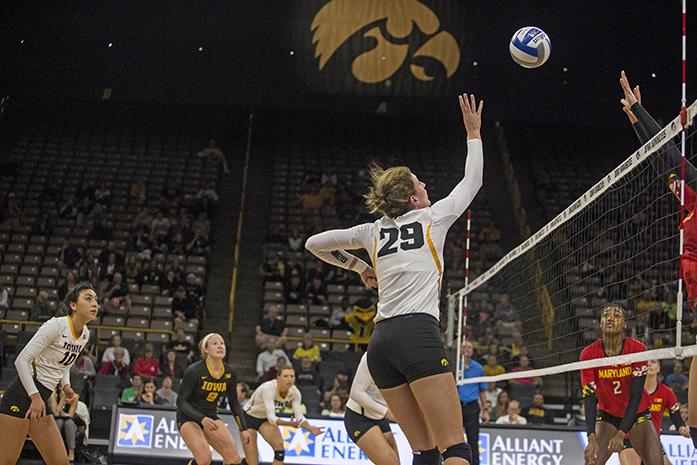 Iowa's no. 29 returns the ball during a volleyball match at Carver Hawkeye Arena in Iowa City on Wednesday, Sept. 28 , 2016. Iowa defeated Maryland 3-0. (The Daily Iowan/Ting Xuan Tan)