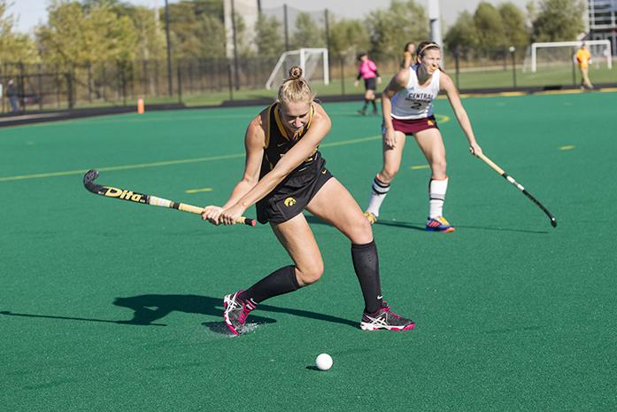 Iowas no. 1 Chandler Ackers prepares to pass the ball during a field hockey match at Grant Field in Coralville on Friday, Oct 7, 2016. Iowa defeated Central Michigan 11-0. (The Daily Iowan/Ting Xuan Tan)