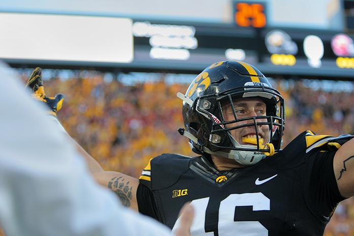 Iowa tight end George Kittle celebrates a touchdown during the Iowa-Iowa State game at Kinnick on Saturday, Sept. 10, 2016. Iowa head Iowa State to one field goal to defeated them, 45-3. (The Daily Iowan/Margaret Kispert)