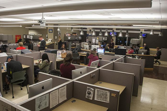 Daily Iowan staffers work in the newsroom on Election night, Tuesday, Nov. 8, 2016. (The Daily Iowan/Joseph Cress)