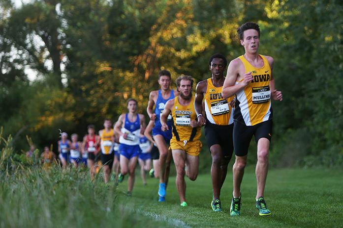 Iowa's Cole Mullins leds a pack towards the back during the men's 6k Hawkeye Earlybird Invitational at Ashton Cross Country on Friday, Sept. 2, 2016. Iowa's top finisher was Mitch Melchert finished in fifth with a time of 18:12.8; as the team finished second behind Iowa State. (The Daily Iowan/Margaret Kispert)