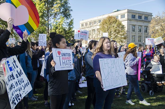 Protestors at a "Love Still Trumps Hate" protest on Wednesday, November 9, 2016, on the Pentacrest. Emotions ran high after Donald Trump was elected 45th president of the United States. (The Daily Iowan/Olivia Sun)