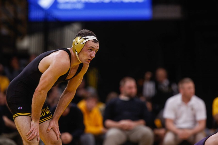 Iowas 174 pound Joey Gunther waits for his opponent during the Iowa City Duals at the Carver-Hawkeye Arena, in Iowa City, Iowa  on Friday, Nov. 18, 2016. Iowa out wrestled both Cornell College 45-0 and Iowa Central College 55-0. (The Daily Iowan/Anthony Vazquez)