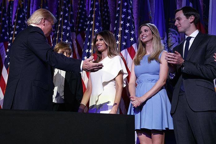 President+Donald+Trump%2C+left%2C+reaches+out+for+his+wife+Melania+during+an+election+night+rally%2C+Wednesday%2C+Nov.+9%2C+2016%2C+in+New+York.+From+left%2C+Trump%2C+son+Barron%2C+wife+Melania%2C+Ivanka+Trump%2C+and+Jared+Kushner.+%28AP+Photo%2F+Evan+Vucci%29