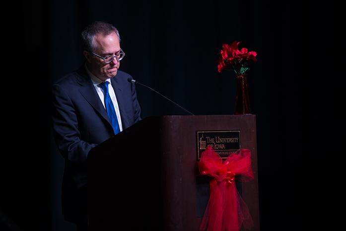 Michael Gerson talks about AIDS in sub-saharan Africa as part of IC Red at the IMU on Nov 30, 2016. (The Daily Iowan/Osama Khalid)