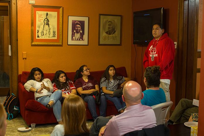 Dawson Davenport of the Meskwaki tribe talks about his tribes traditions and values at the Latino-Native American Cultural Center, in Iowa City on Thursday, Nov. 3, 2016. The Latino-Native American Cultural Center held presentations for individuals to share their cultural identities through presentations of their respective tribal nations. (The Daily Iowan/Anthony Vazquez)