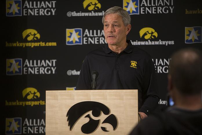 Iowa head coach Kirk Ferentz speaks during a media press conference covering Iowas bowl outcome on Sunday, Dec. 4, 2016. The Hawkeyes will play Florida Gators in the Outback Bowl on Monday, January 2, 12:00 PM on ABC. (The Daily Iowan/Joseph Cress)