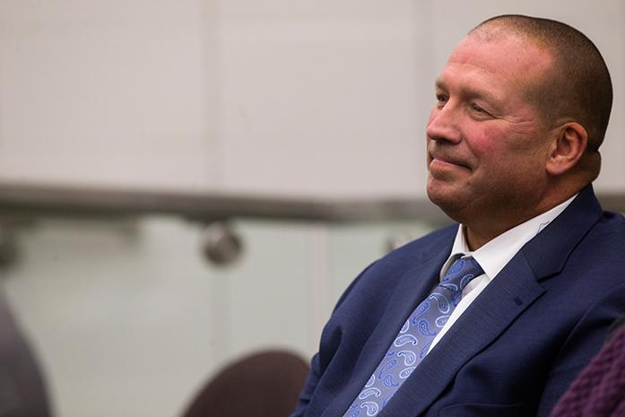 Iowa City Police Chief Jody Matherly smiles during a City Council meeting after being appointed to his new position on Tuesday, Dec. 6, 2016. Matherly served in Flint, Michigan, Grinnell and Altoona prior to being selected by the Iowa City search committee. (The Daily Iowan/Joseph Cress)