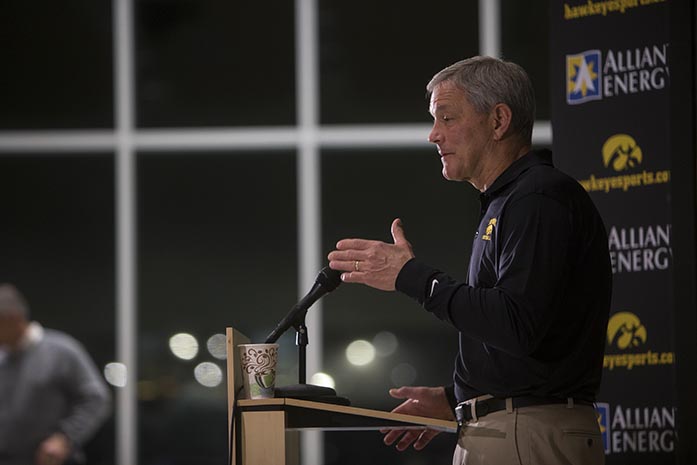Iowa head coach Kirk Ferentz speaks during a press conferencing covering Iowas bowl placement on Sunday, Dec. 4, 2016. The Hawkeyes will play Florida Gators in the Outback Bowl on Monday, January 2, 12:00 PM on ABC. (The Daily Iowan/Joseph Cress)
