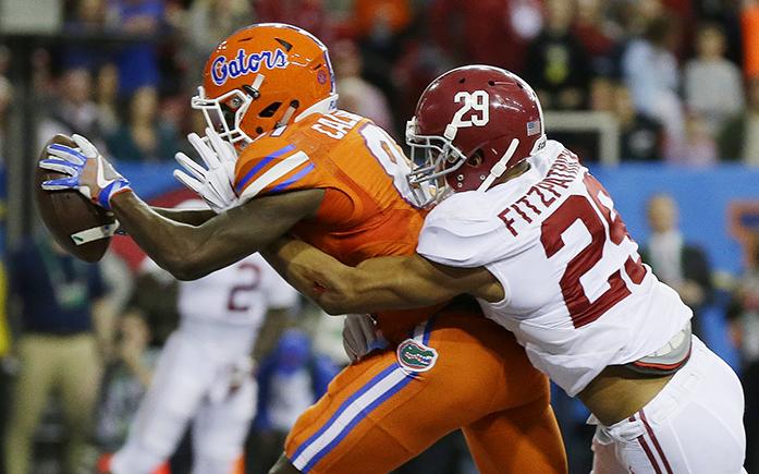 Florida wide receiver Antonio Callaway (81) makes a touchdown catch in the end zone against Alabama defensive back Minkah Fitzpatrick (29) during the first half of the Southeastern Conference championship NCAA college football game, Saturday, Dec. 3, 2016, in Atlanta.(AP Photo/Butch Dill)