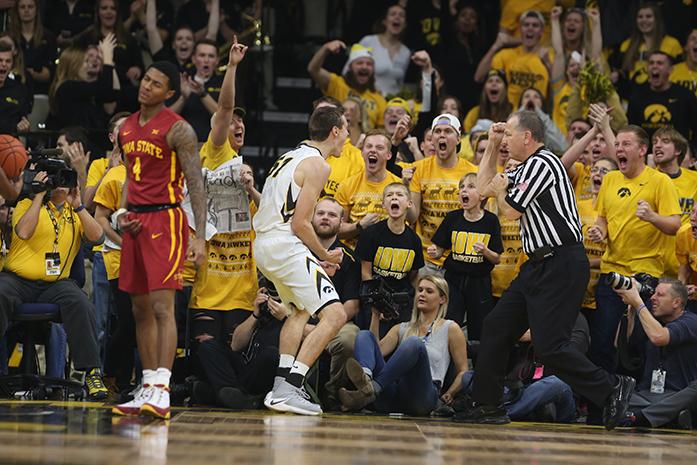 Iowa forward Nicholas Baer celebrates after an and one call during the game between rivals Iowa State-Iowa at Carver Hawkeye on Thursday, December 8, 2016. The Hawkeyes went on to upset the Cyclones 78-64. (The Daily Iowan/ Alex Kroeze)