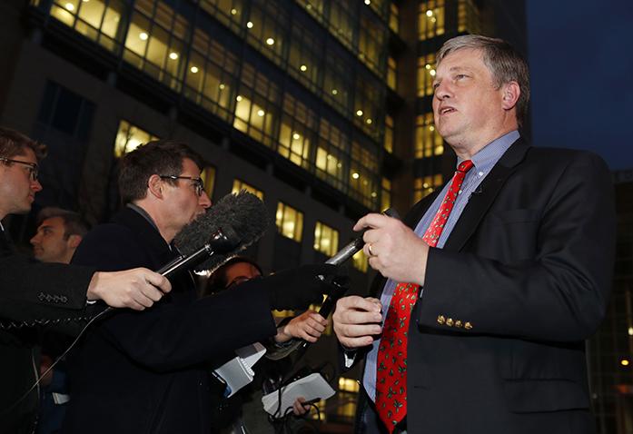 Wayne Williams, Colorados secretary of state, speaks after arguments in a lawsuit were heard Monday, Dec. 12, 2016, outside the federal courthouse in downtown Denver. A federal judge dealt a severe setback Monday to a longshot plan to deny Donald Trump the presidency through the Electoral College, refusing to suspend a Colorado law requiring the states nine electors to vote for the presidential candidate who won the state in November.  (AP Photo/David Zalubowski)