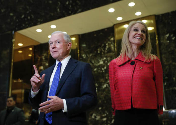 In this photo taken Nov. 17, 2016, Sen. Jeff Sessions, R-Ala., accompanied by Trump campaign manager Kellyanne Conway, speaks to media at Trump Tower in New York. President-elect Donald Trump has picked Sessions for the job of attorney general. (AP Photo/Carolyn Kaster)