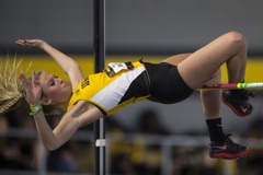 Iowa freshman Sydney Collins attempts a high jump during the Border Battle indoor track meet in the UI Recreation Building with Iowa, Missouri and Illinois competing on Saturday, Jan. 7, 2017. The Hawkeye women defeated Missouri and Illinois, 105-33 and 96-51 respectively, while the men defeated Missouri, 107-27 and fell to Illinois, 85-74. (The Daily Iowan/Joseph Cress)