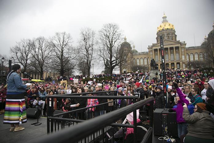 A woman cries while reading a speech during a protest in Des Moines on Saturday, Jan. 21, 2017. According to organizers an estimated 26,000 people attended the march and rally at the state capitol building. (The Daily Iowan/Joseph Cress)