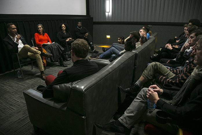 Panelists Stacey Walker, Linn County Board of Supervisors; Rachel Williams, Associate Professor in Gender, Women's and Sexuality Studies and Art &amp; Art History; Deborah Whaley, Associate Professor of American Studies and Robert Crader, an ex-convict, speak to a crowd in FilmScene on Tuesday, Jan 17, 2017. The panelists spoke after a showing the film "13." (The Daily Iowan/Joseph Cress)