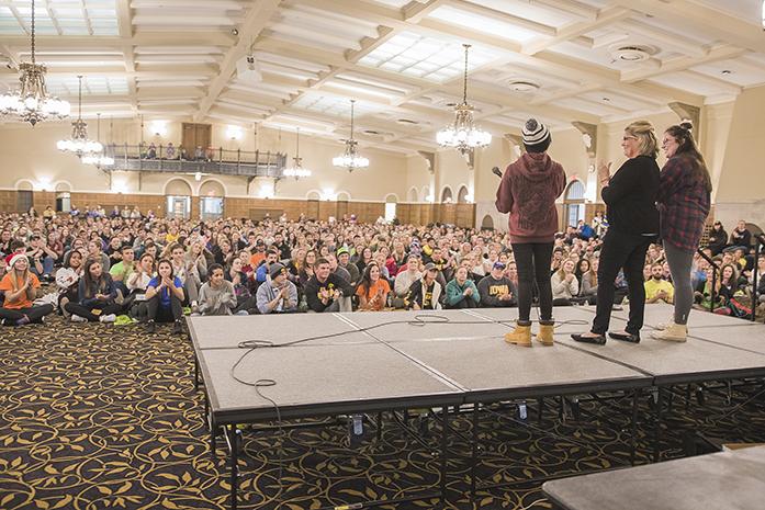 The Luna Kellicut Family addressing the crowd at the IMU regarding the importance of Dance Marathon fundraising for cancer patients on Jan. 24. (The Daily Iowan/James Year)