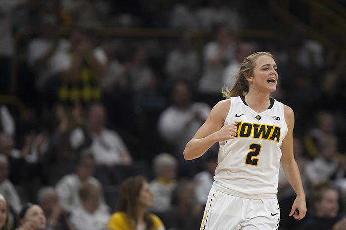 Iowa+guard+Ally+Disterhoft+reacts+after+hitting+a+three+during+a+womens+basketball+game+between+Iowa+and+Maryland+in+Carver-Hawkeye+Arena+on+Saturday%2C+Jan.+14%2C+2017.+The+Terrapins+defeated+the+Hawkeyes%2C+98-82.+%28The+Daily+Iowan%2FJoseph+Cress%29