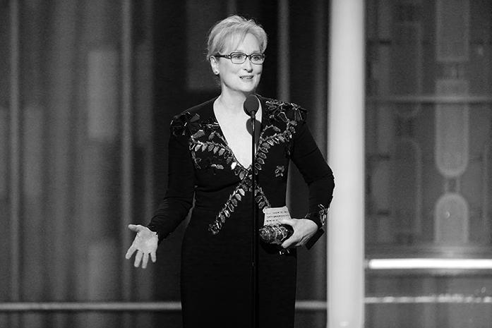 FILE - This Jan. 8, 2017 file image released by NBC shows Meryl Streep accepting the Cecil B. DeMille Award at the 74th Annual Golden Globe Awards in Beverly Hills, Calif.  Streep, who gave an impassioned speech at the Golden Globes criticizing President-elect Donald Trump for mocking a disabled reporter and calling for the defense of a free press, will be honored for a career of advocating for LGBTQ equality on Feb. 11, by the Human Rights Campaign, the LGBTQ civil rights organization. (Paul Drinkwater/NBC via AP, File)