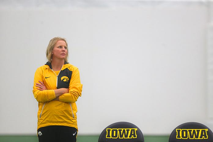 Iowa head coach Sasha Schmid watches a match during the Iowa-Creighton match at the Hawkeye Tennis and Recreation Complex on Saturday, Jan. 21, 2017. The Hawkeyes defeated the Blue Jays, 7-0. (The Daily Iowan/Margaret Kispert)