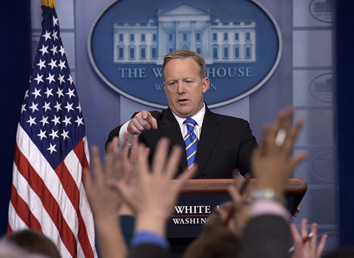 White House press secretary Sean Spicer calls on a reporter during the daily briefing at the White House in Washington, Tuesday, Jan. 24, 2017. Spicer answered questions about the Dakota Pipeline, infrastructure, jobs and other topics. (AP Photo/Susan Walsh)