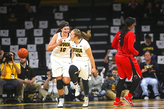 Iowa guard Kathleen Doyle celebrates after a fast break layup during the meeting between the Iowa Hawkeyes and Rutgers Scarlet Knights on Thursday, February 2, 2016 at Carver Hawkeye. The Hawkeyes had a strong second half, pulling away with the 71-57 win. (The Daily Iowan/ Alex Kroeze)