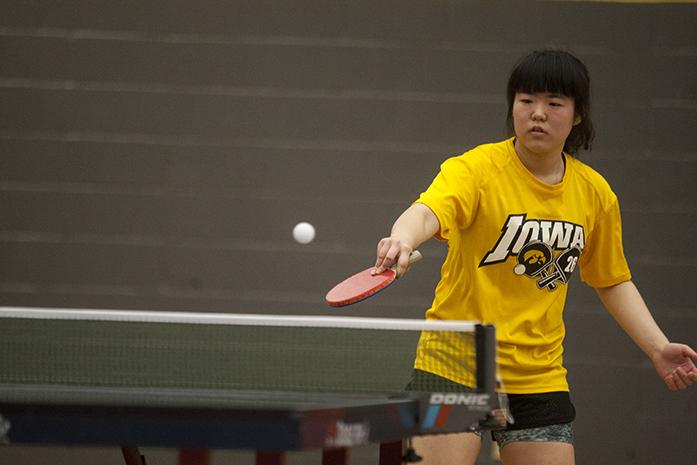 Iowa freshman Yanyi Wu competes during a Midwestern Regional table tennis Tournament in the Field House on Saturday, Feb. 25, 2017. Iowa's Table Tennis Club is a co-ed group who compete against other regional clubs. (The Daily Iowan/Joseph Cress)