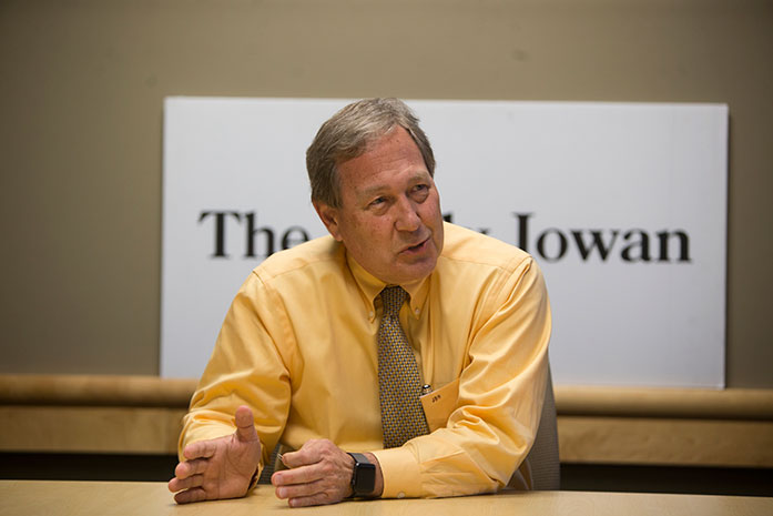 University of Iowa President Bruce Harreld speaks during a sit-down interview with The Daily Iowan on Monday, Feb. 27, 2017. This was the first sit-down interview with the DI this semester. (The Daily Iowan/Joseph Cress)
