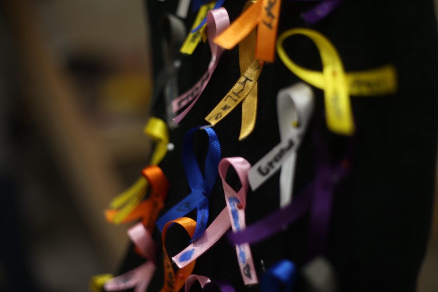 Different colored ribbons sit on display to represent cancer during the 1st hour of the 23 Dance Marathon at the Iowa Memorial Union on Friday, Feb. 3, 2017. (The Daily Iowan/Rachael Westergard)