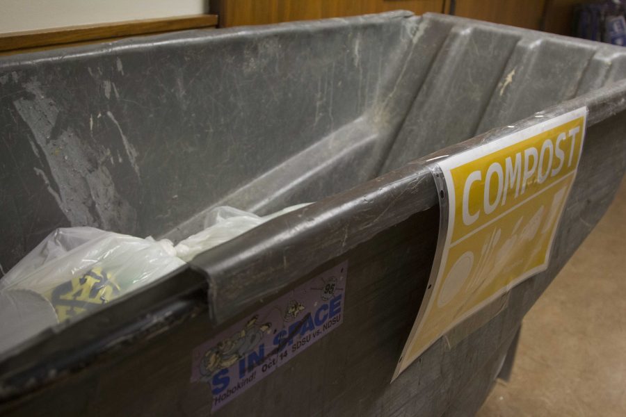 A compost bin sits outside of the second floor ballroom of the Iowa Memorial Union during the 4th hour of Dance Marathon 23 on Friday, Feb. 3, 2017. (The Daily Iowan/Margaret Kispert)
