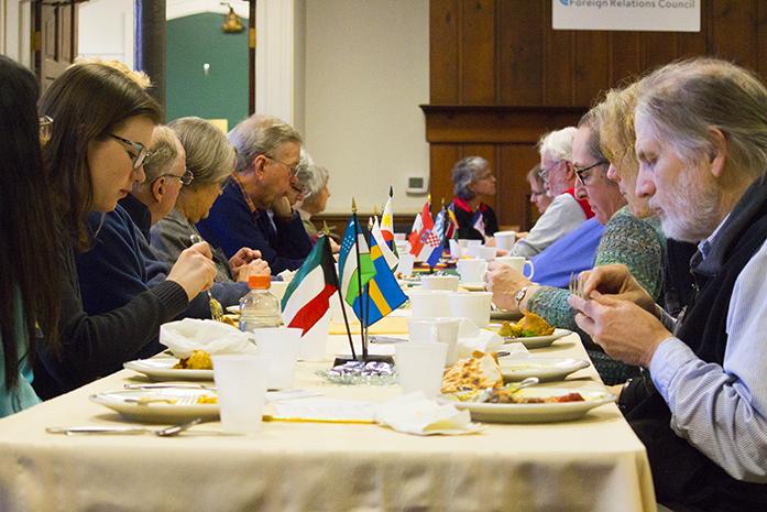 Attendees eat a traditional Indian lunch during the Gaza: To Exist is to Resist event at the Congregational Church of Christ on Thursday, Feb. 9, 2017. A report release last year by the United Nations stated that if conditions remain unchanged, Gaza will be uninhabitable by 2020. (The Daily Iowan/Lily Smith)