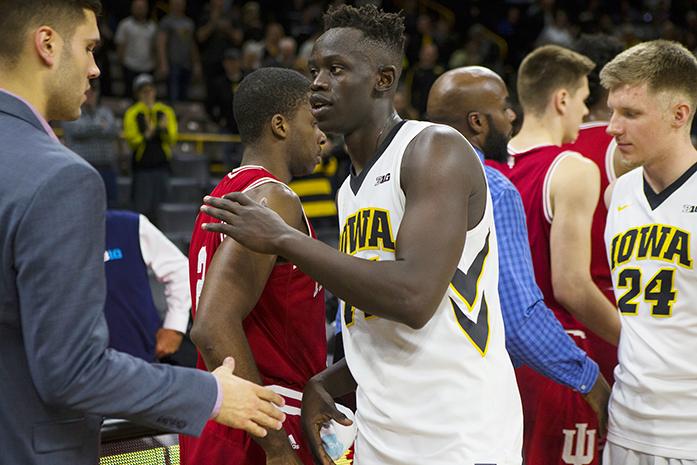 FILE - Iowas Peter Jok shakes hands after a mens basketball game against Indiana in Carver-Hawkeye Arena on Tuesday, Feb. 21, 2017. Jok plays for the Pelicans’ in New Orleans during the NBA summer league. (Joseph Cress/The Daily Iowan, file)